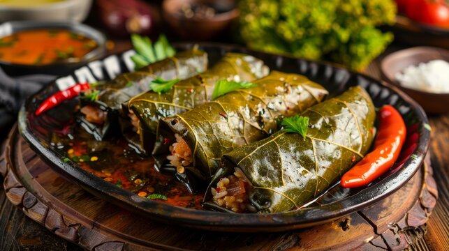 Bulgarian grape leaf sarmi with minced meat and rice filling, photo as in the restaurant