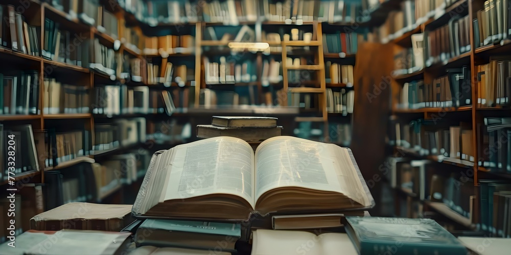 Poster old open textbook in a library with stacks of literature bookshelves and a reading desk in the backg