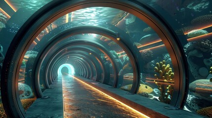 A long tunnel with a blue background and a green and yellow coral reef. The tunnel is lit up with orange lights