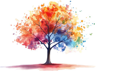 Fototapeta premium Simple watercolor of colorful tree isolated on white background