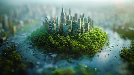 A city is built on a small island surrounded by water. The buildings are tall and green, giving the impression of a lush, tropical paradise. The city is small and isolated - obrazy, fototapety, plakaty