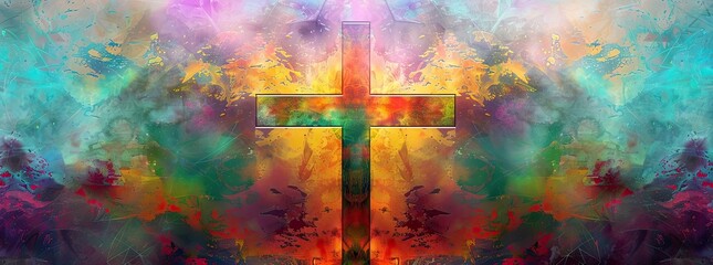 The cross of Jesus Christ on a colorful futuristic watercolor background. Illustration - obrazy, fototapety, plakaty