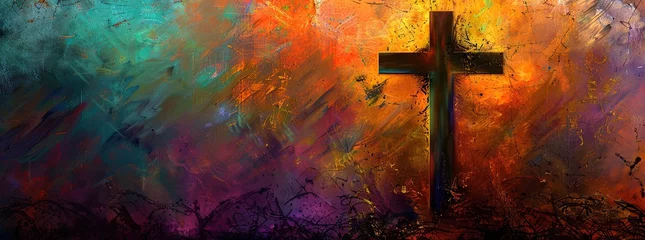Foto op Plexiglas The cross of Jesus Christ on a colorful futuristic watercolor background. Illustration © Никита Филитов