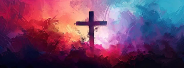 Foto op Plexiglas The cross of Jesus Christ on a colorful futuristic watercolor background. Illustration © Никита Филитов