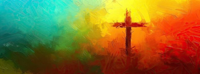 The cross of Jesus Christ on a colorful futuristic watercolor background. Illustration - obrazy, fototapety, plakaty