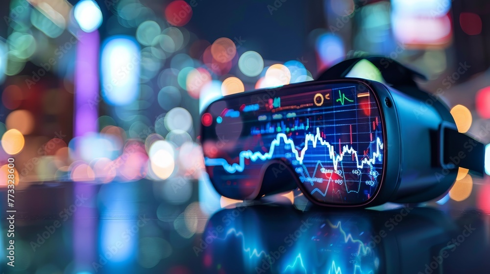 Aufkleber a pair of virtual reality goggles with a screen showing a graph of stock prices. concept of technolo