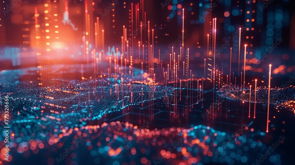 Aufkleber a computer generated image of a cityscape with bright orange and blue lights. the image is full of e