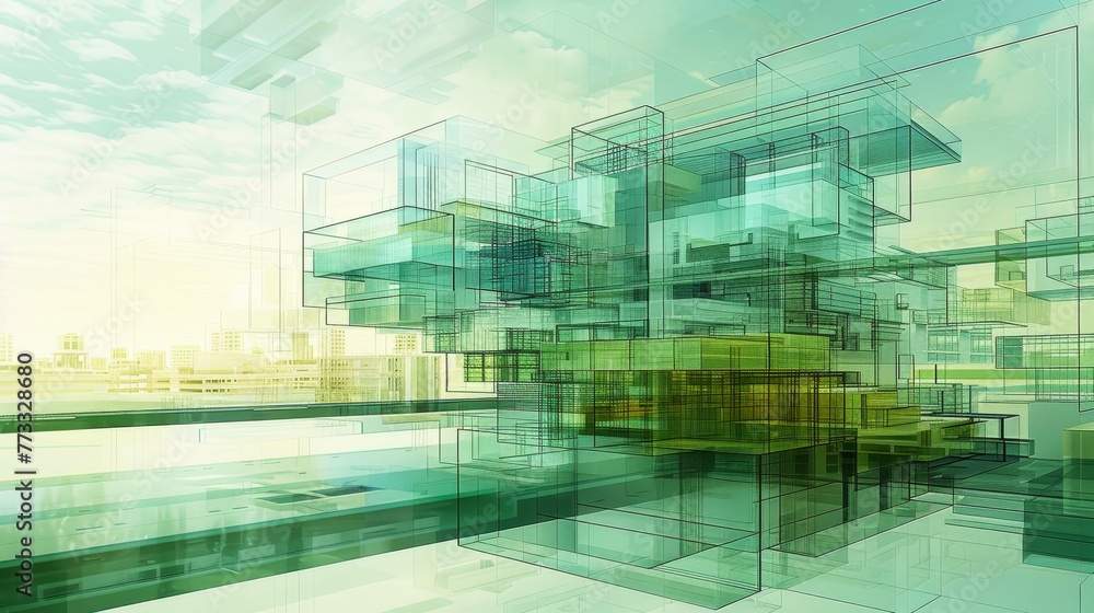 Poster a cityscape with a large building in the middle. the building is made of glass and has a green tint.