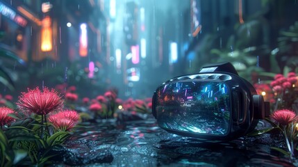 A virtual reality headset is sitting in a field of red flowers. The scene is set in a city with neon lights and tall buildings