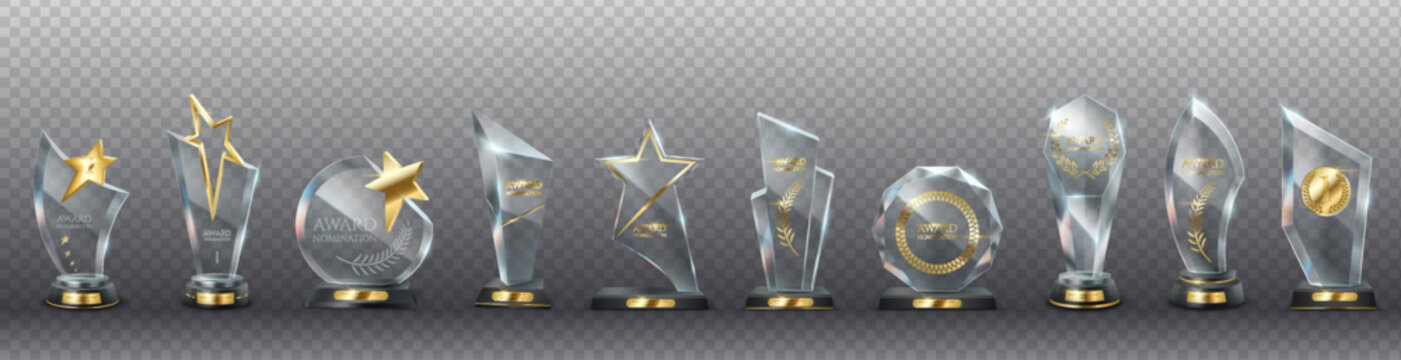 Glass award trophies with golden decor realistic vector illustration set. Victory achievement 3d models on transparent background collection