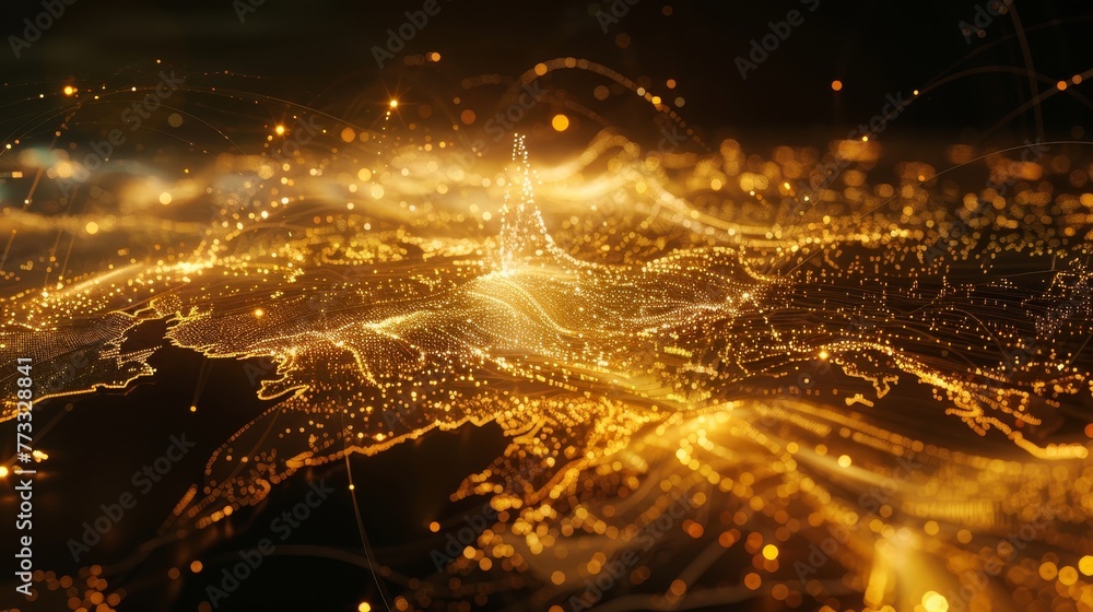 Aufkleber a gold and black image of a cityscape with many lines and dots. the image has a futuristic and abstr