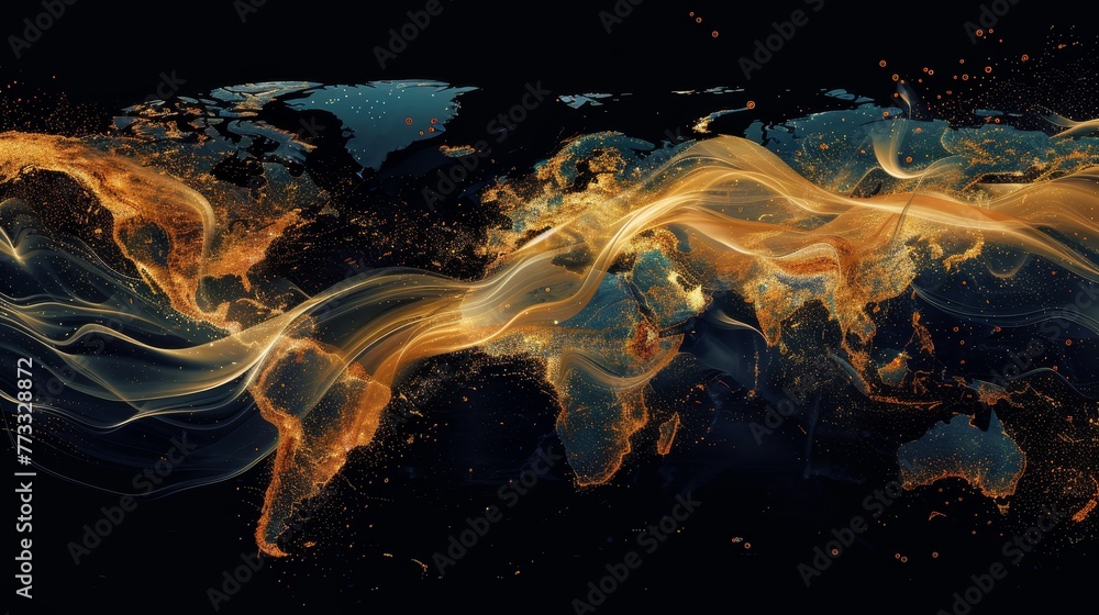 Poster a colorful, swirling pattern of lights and dots that resembles a map of the world. the colors are br