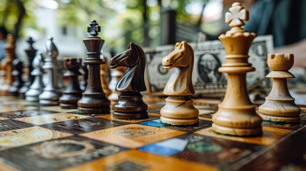 A chess board with a white king and a black horse. The king is on the left side of the board and the horse is on the right side