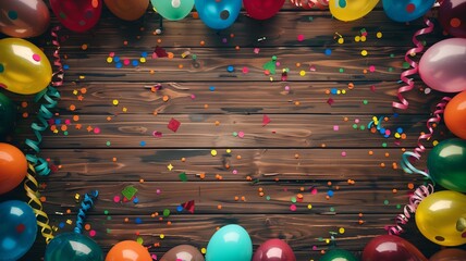 Colorful balloons and confetti on a wooden background, Copy space - obrazy, fototapety, plakaty
