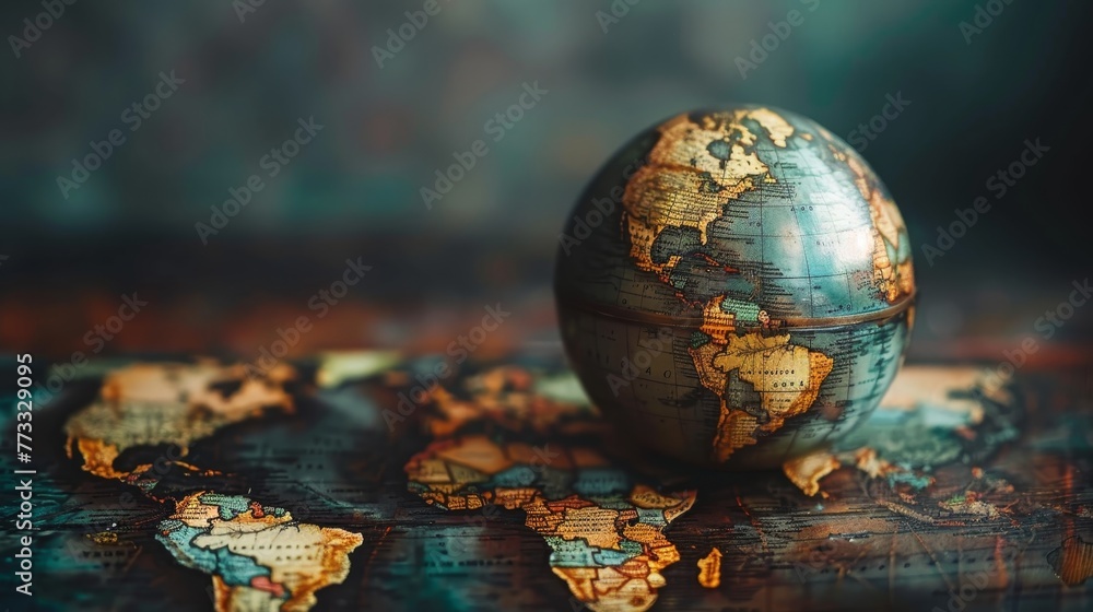 Poster a globe is sitting on a map of the world. the globe is surrounded by a map of the world, and the map