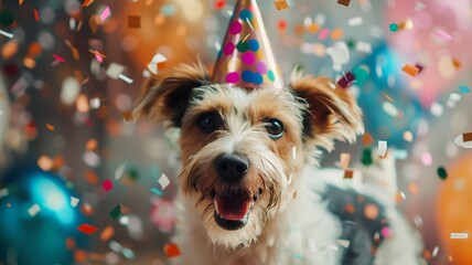 Happy dog smiling wearing hat birthday concept with flying confetti. - obrazy, fototapety, plakaty