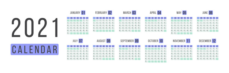 12 months yearly calendar set in 2021 on white background for organization and business. Calendar 2021 template layout. Illustration for web, reminder, planner.