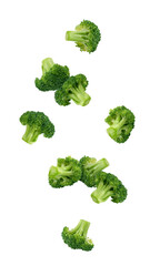 Falling Broccoli isolated on white background, full depth of field