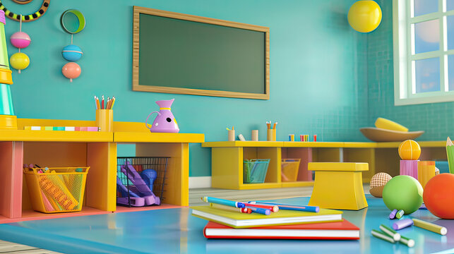 3D render of a colorful classroom, filled with school supplies, space for educational text