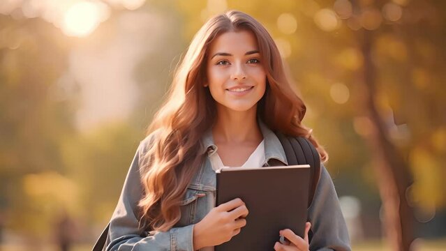 woman smiling and holding a book. Concept of happiness and accomplishment, woman is likely a student who has just finished reading or studying, education, school, university