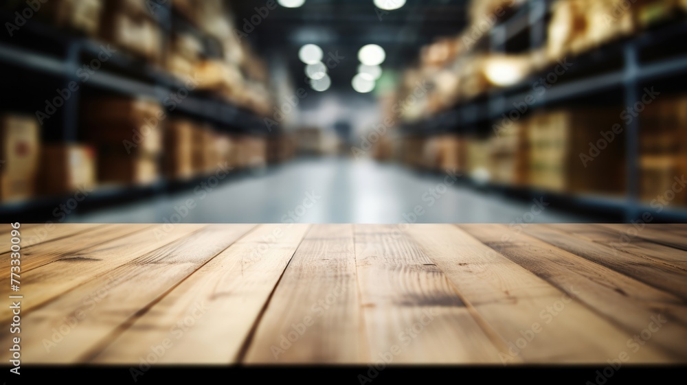 Poster the empty wooden table top with blur background of a large warehouse. exuberant image. generative ai