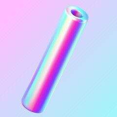 Holographic cylinder geometric shape realistic vector illustration. Shiny iridescent tube trendy design. Glossy 3d object on purple background