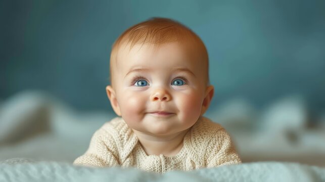   A tight shot of an infant on a bed, gazing at the camera with a humorous expression