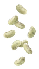 Falling beans, isolated on white background, full depth of field