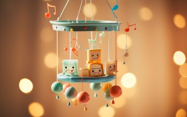 A mobile adorned with delicate musical notes sways gently in the breeze