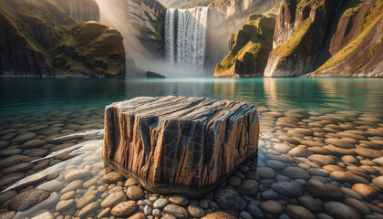 Serene lake with a majestic waterfall backdrop and a rock pedestal for product display