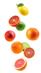 Falling citrus, mix, lemon, orange, lime, grapefruit isolated on white background, full depth of...