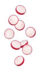 Falling Radish slice isolated on white background, full depth of field