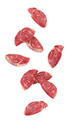 Falling, beef steak, raw meat, isolated on white background, full depth of field