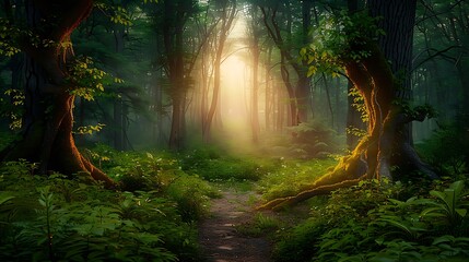 Southeast Asian rainforest with deep tropical jungle Path at morning sunset landscape AI generated