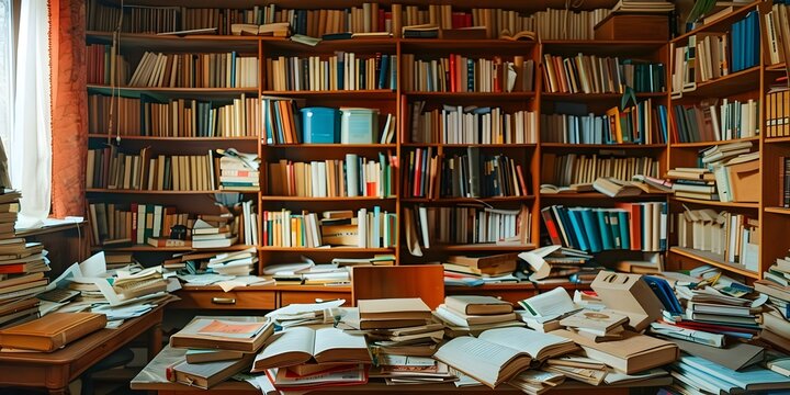 A cluttered academic study room with bookshelves open textbooks and a desk filled with reading materials. Concept Indoor Photoshoot, Academic Setting, Cluttered Study Room, Books and Reading