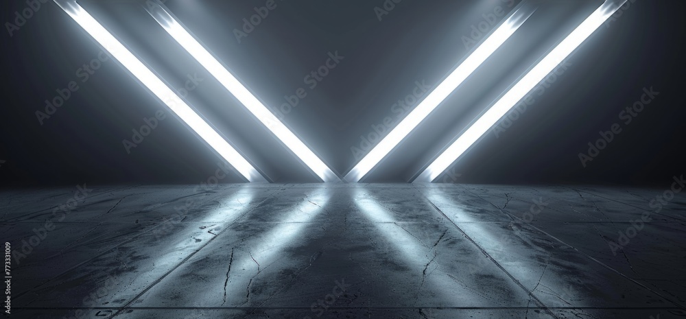 Aufkleber abstract futuristic dark room illuminated by spotlights for presentation two white glowing neon arro