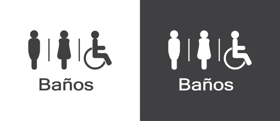 Restrooms icon in flat style. Banos icon, Man woman and disability sign and symbol, Simple of toilet icon, male and female icon vector  in black and white background.