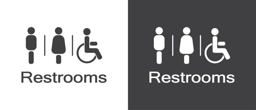 Restrooms Flat icon. Man woman and disability Restroom sign and symbol, Simple of toilet icon, male and female icon vector  in black and white background.