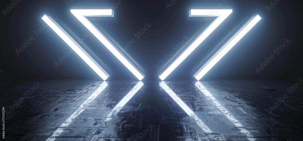 Poster two white glowing neon arrows on a black background with reflection and floor in a dark room generat