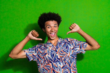 Photo of self branding blogger young student guy point fingers himself buy course to improve...