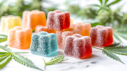 THCA gummies or Cannabis jelly candies on gray background with cannabis leaves. Close-up