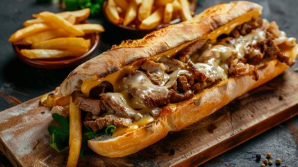 Belgian meatball sandwich with crispy baguette, French fries, selected pieces of fried meat, sauce, cheese, photos like in a restaurant - obrazy, fototapety, plakaty