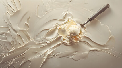 Vanilla Ice Cream Scoop with Melting Trails on White Background