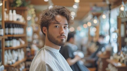 Obraz premium A man, bearded and goateed, occupies a chair in a barber shop Before him, a shelf of bottles stands ready