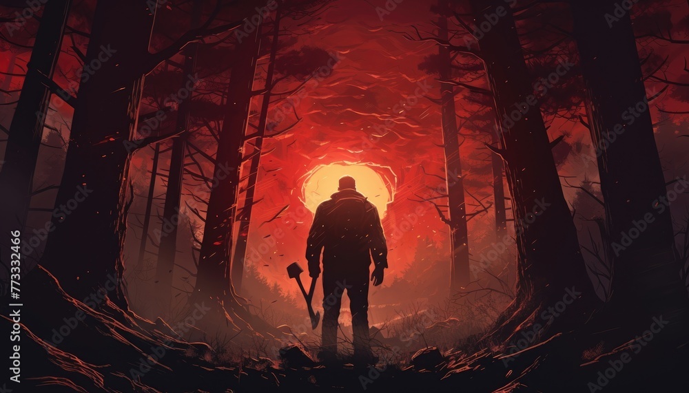 Wall mural A man holding axes looking at the red light deep in the forest, digital art style, illustration painting