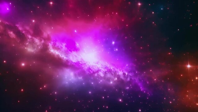 Seamless loop galaxy exploration through outer space towards glowing milky way galaxy. 4K looping animation of flying through glowing nebulae, clouds and stars field. Elements furnished by NASA image.