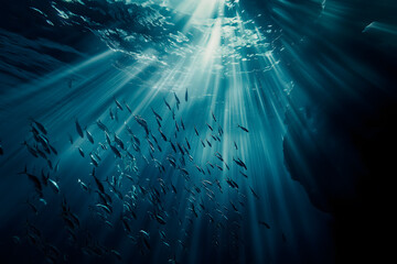 Mysterious Underwater Seascape with Rays of Light Penetrating the Depth - obrazy, fototapety, plakaty
