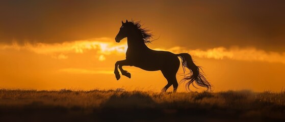 Obraz premium A solitary horse stands tall in a golden field, its silhouette defined by the gentle sunrise spreading across the vast horizon.