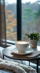 Fototapeta premium Cozy Morning Coffee with a View of the Tranquil Forest