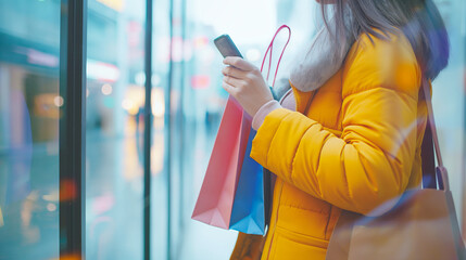 Happy woman with a shopping bag in her hands uses the phone against the background of the store